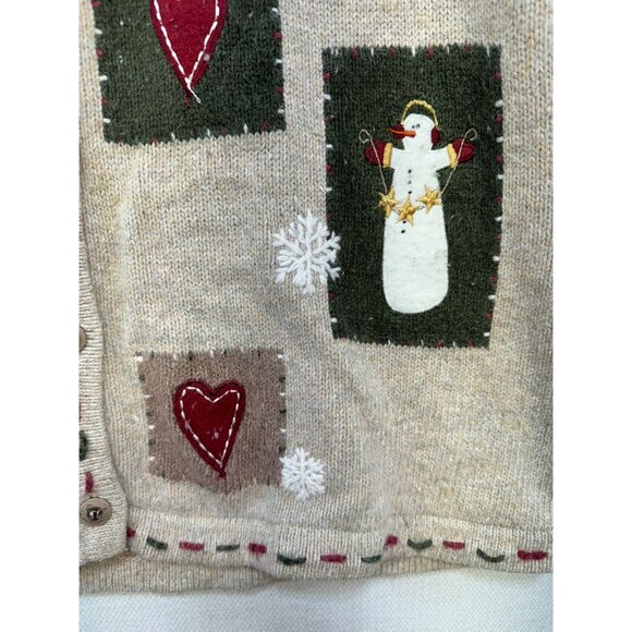 Croft & Barrow Snowman & Heart Patches Cardigan Sweater Petite PL Beige - Picture 6 of 15